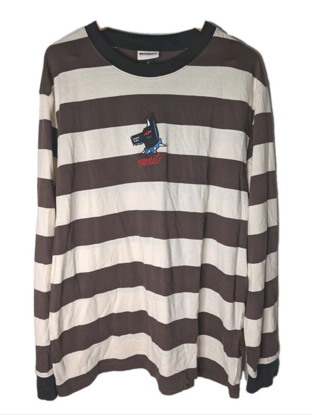 Monet Skateboards Zumiez Bad Dog Brown Stripe T shirt Men Size XL NEW